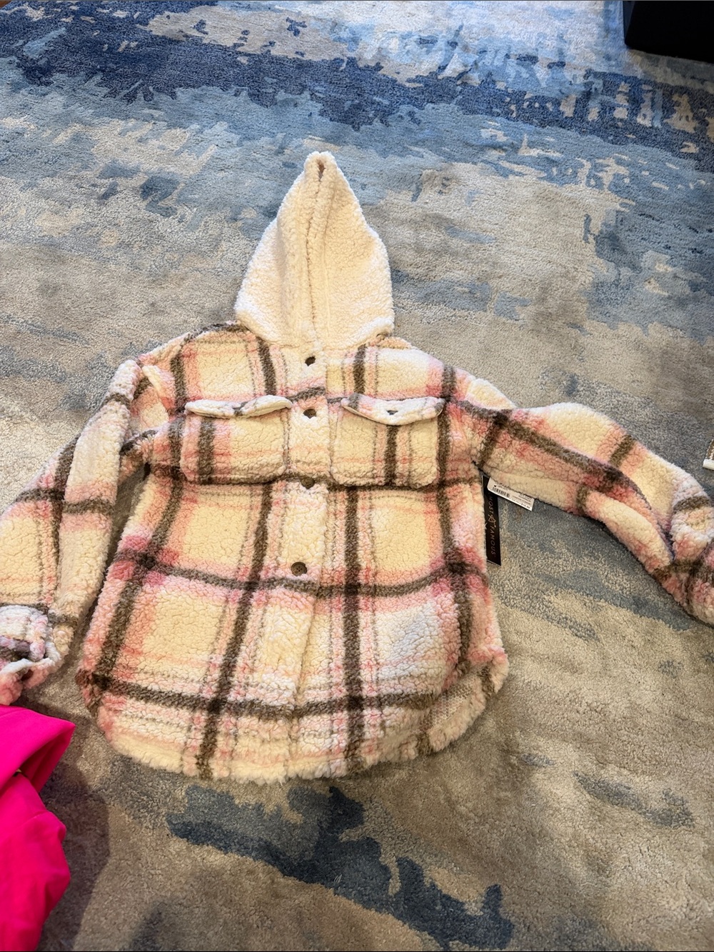 Almost Famous Cream and Pink Plaid Sherpa Hooded Jacket